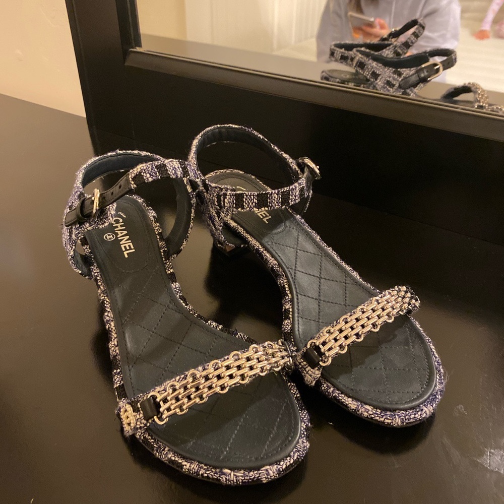 Chanel tweed sandals with pearl logo detailing